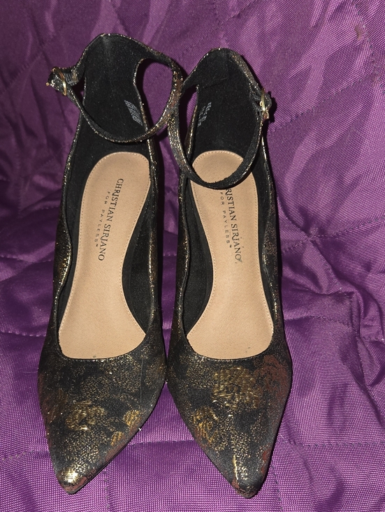 Christian Siriano Shoes - Christian Siriano Black with Gold Metallic Pattern Pointed Toe Ankle-Strap Heels